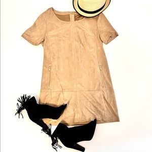 Suede mini dress. Side zipper pockets.